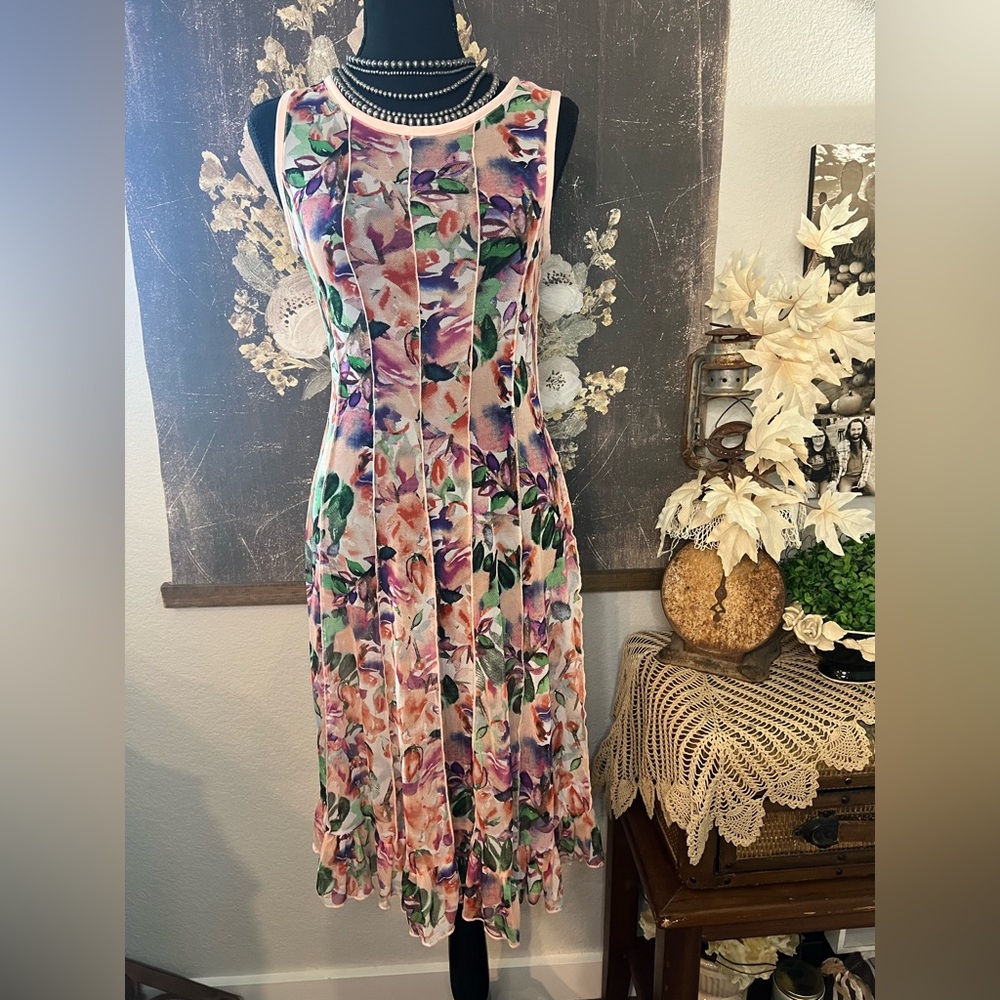 ILE Mesh Sheer Pink Floral Ruffle Trim Sleeveless Dress Sz 6 Y2K See Details